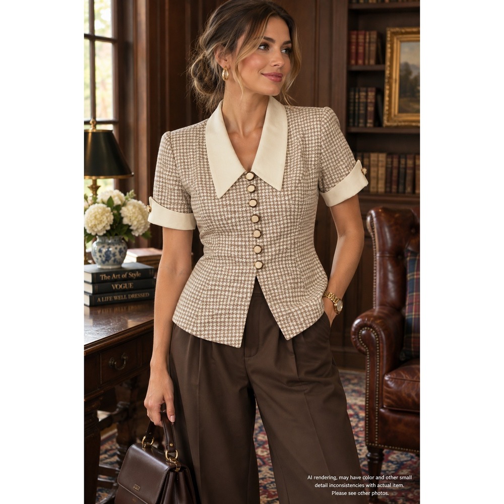 Danny & Nicole 10 Vintage Houndstooth Blazer Top Gold Button Quiet Luxury 90s